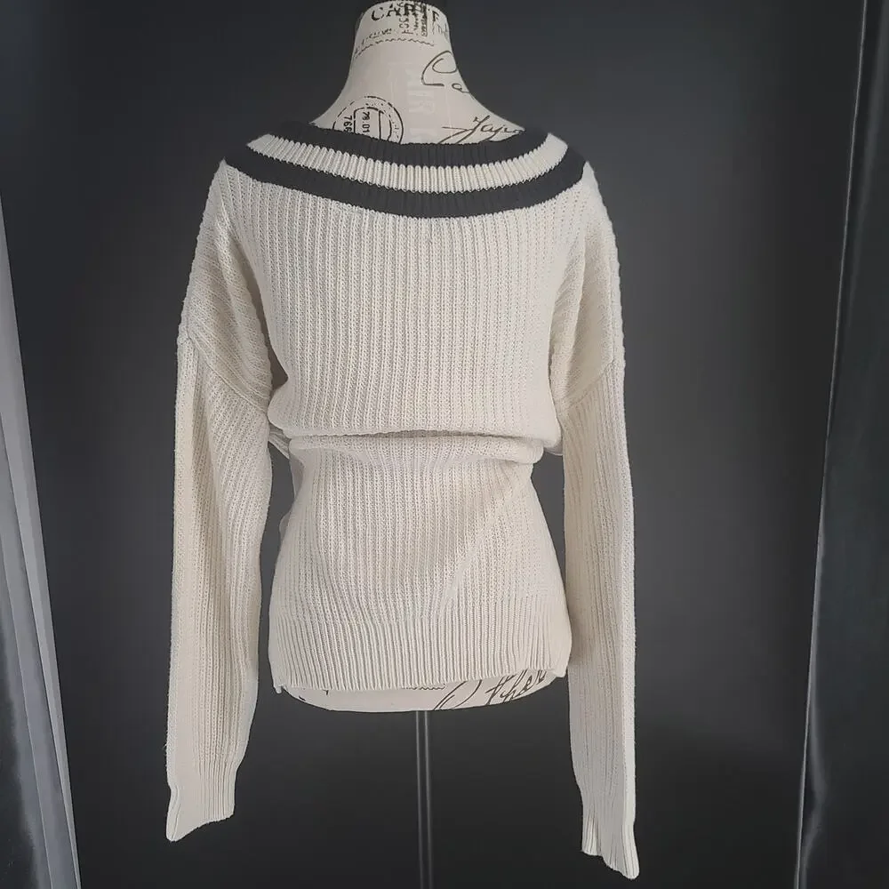JW Style Cable knit Preppy ladies oversized sweater white&black Size Med Coastal - Picture 3 of 11